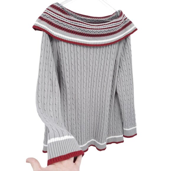 VTG 90s Gitano Gray Fair Isle Foldover Off Shoulder Cable Knit Sweater 26/28 - Picture 3 of 8